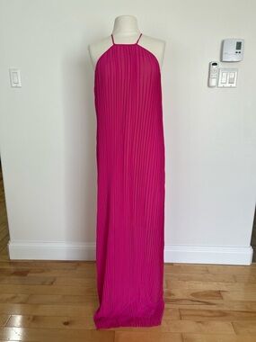 Lux Fuchsia Pleated Halter Maxi Dress